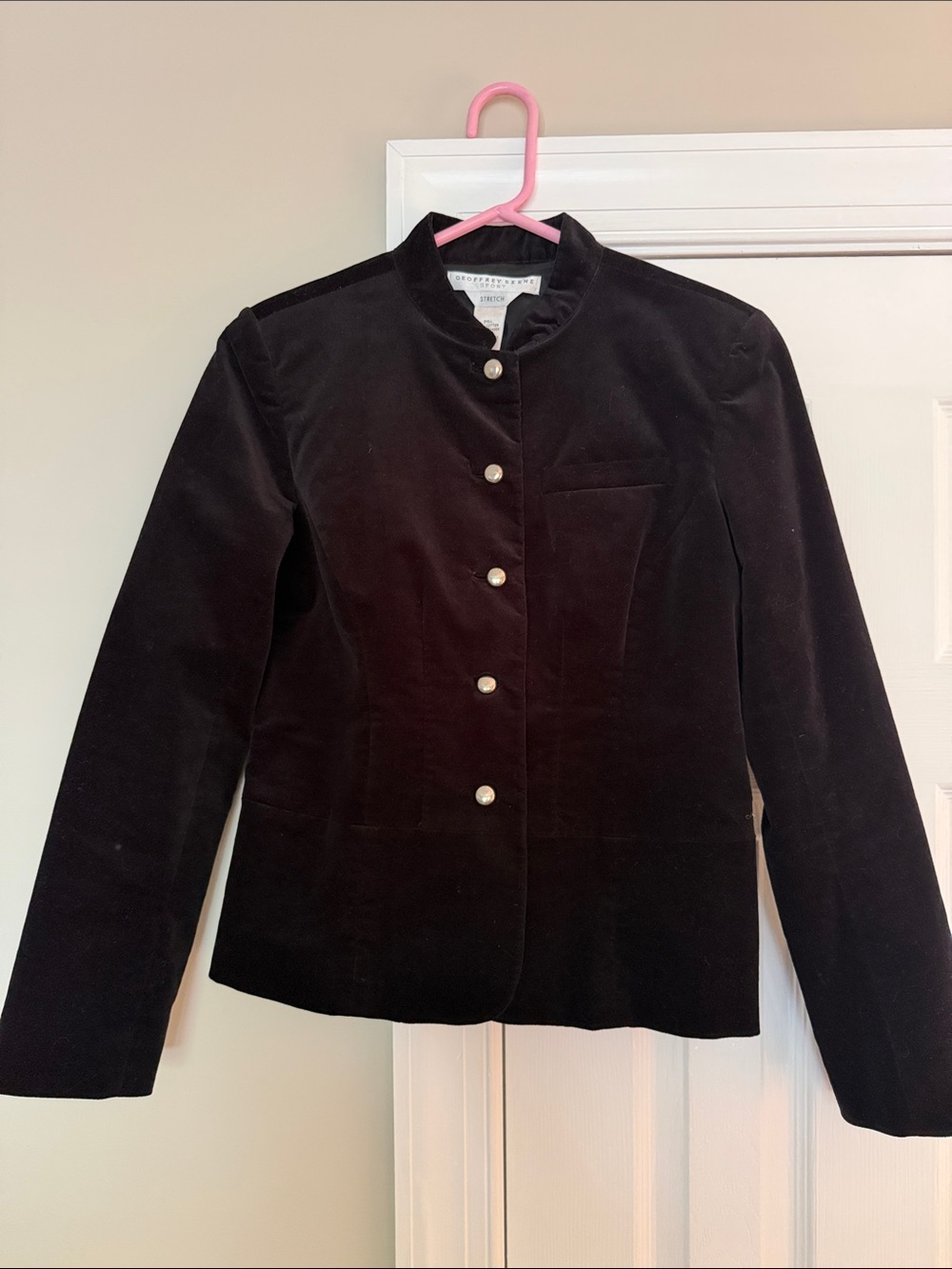 Geoffrey Beene Black Velvet Stand Collar Blazer with Pearl Buttons